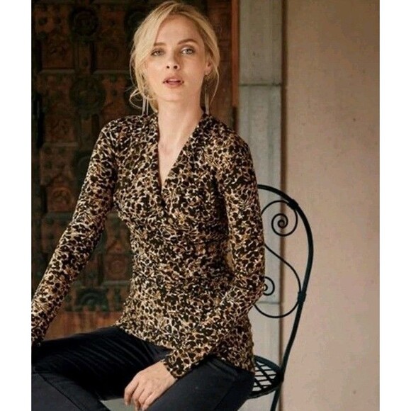 Peruvian Connection Pantera Top V Neck Ruched Brown Floral Faux Wrap Shirt M - Picture 1 of 9